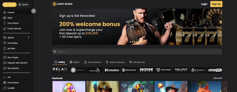 LuckyBlock’s footer features shortcuts to a range of crypto-specific gaming categories, from Bitcoin to Doge.