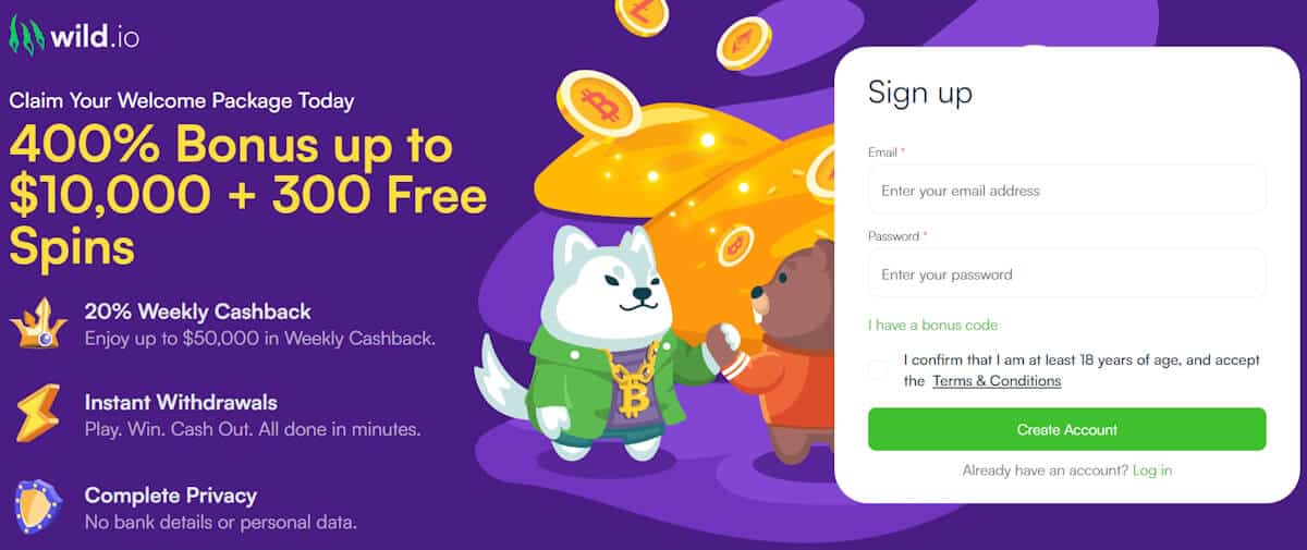 Wild.io casino welcome bonus + free spins