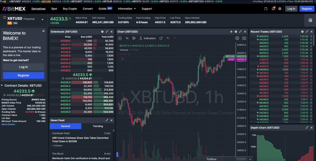 BitMEX Derivatives Screenshot Homepage