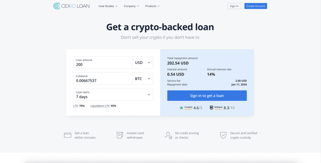 Homepage screenshot for CEX.IO's crypto-backed loans