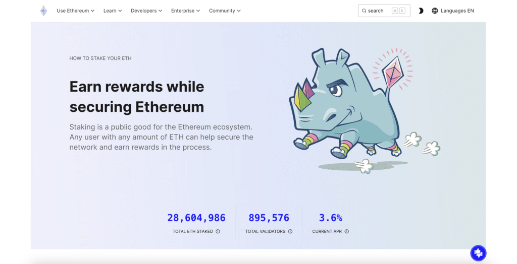 Homepage for staking Ethereum at Ethereum.org