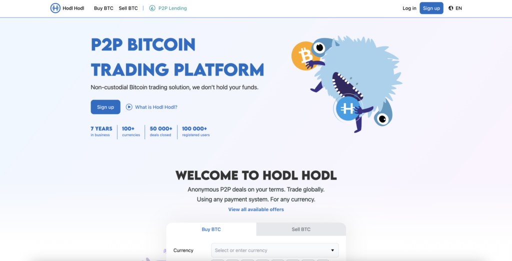 HodlHodl P2P Bitcoin platform homepage screenshot