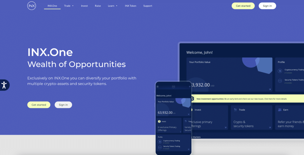 INX crypto exchange homepage screenshot showing a sample of a mobile and desktop crypto portfolio