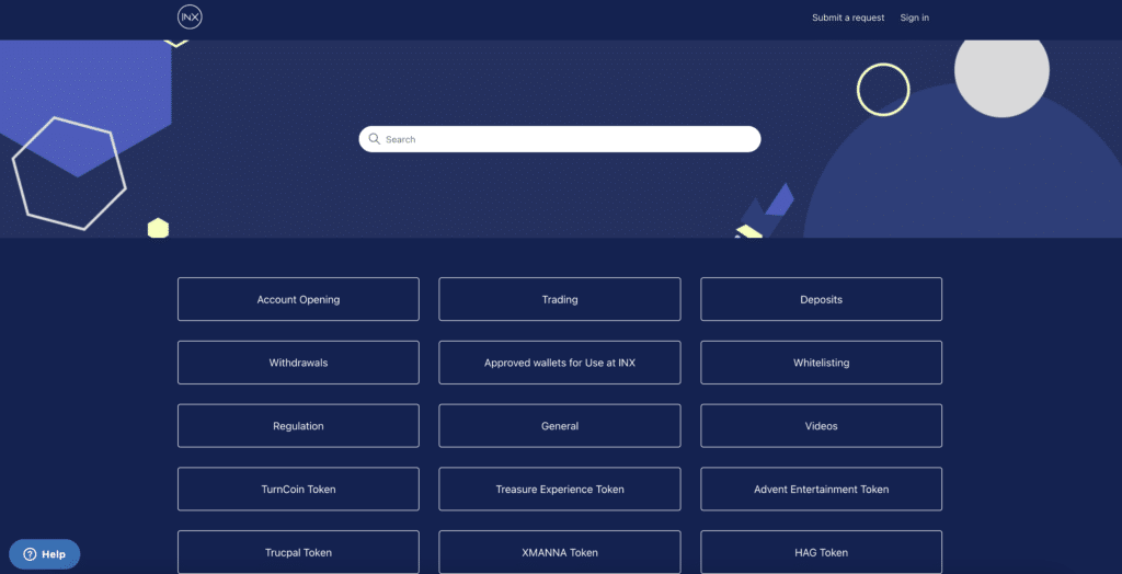 INX crypto exchange support page screenshot