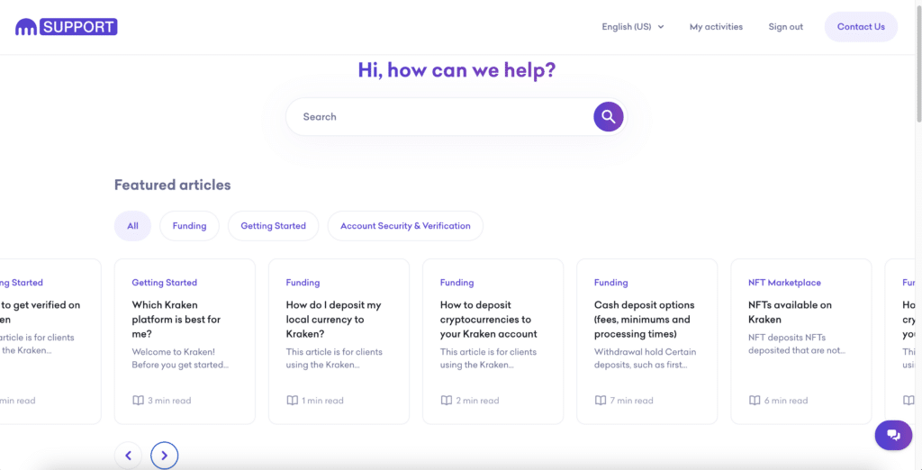 Kraken support page screenshot