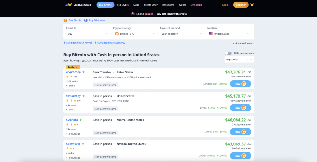 LocalCoinSwap buy Bitcoin with cash sellers page