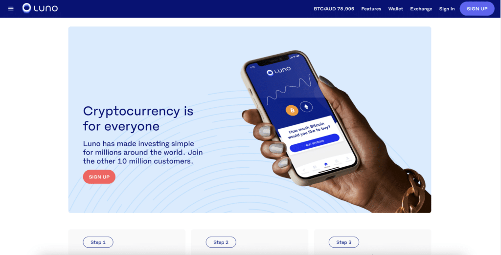 Luno crypto exchange homepage screenshot