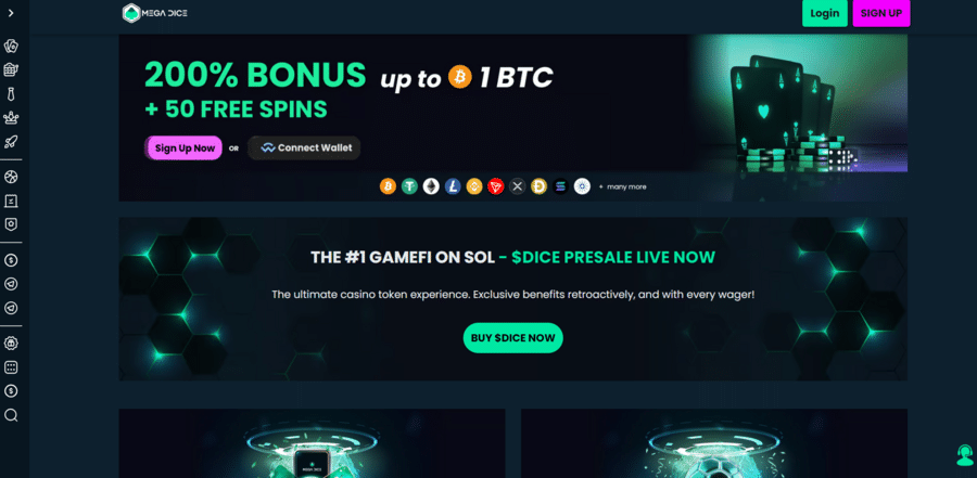 MegaDice offers a 200% welcome bonus, 50 free spins, and top sports betting options, making it a standout among crypto casinos