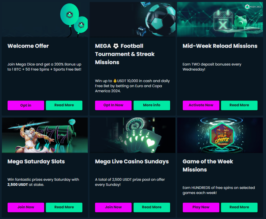 An overview of the Promotions page at Mega Dice Casino