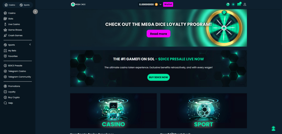 Mega Dice’s homepage with a logged in account