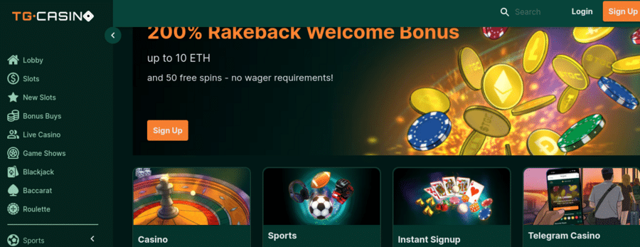 Play casino games and sports directly from Telegram at TG.Casino and also pick up a 200% rakeback welcome bonus